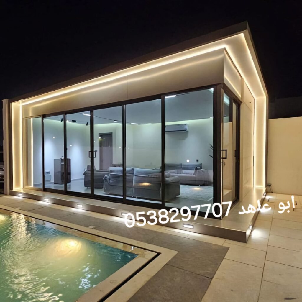 تصميم وتركيب برجولات وجلسات خارجية خشبية وحديد مع إضاءة في حدائق الرياض